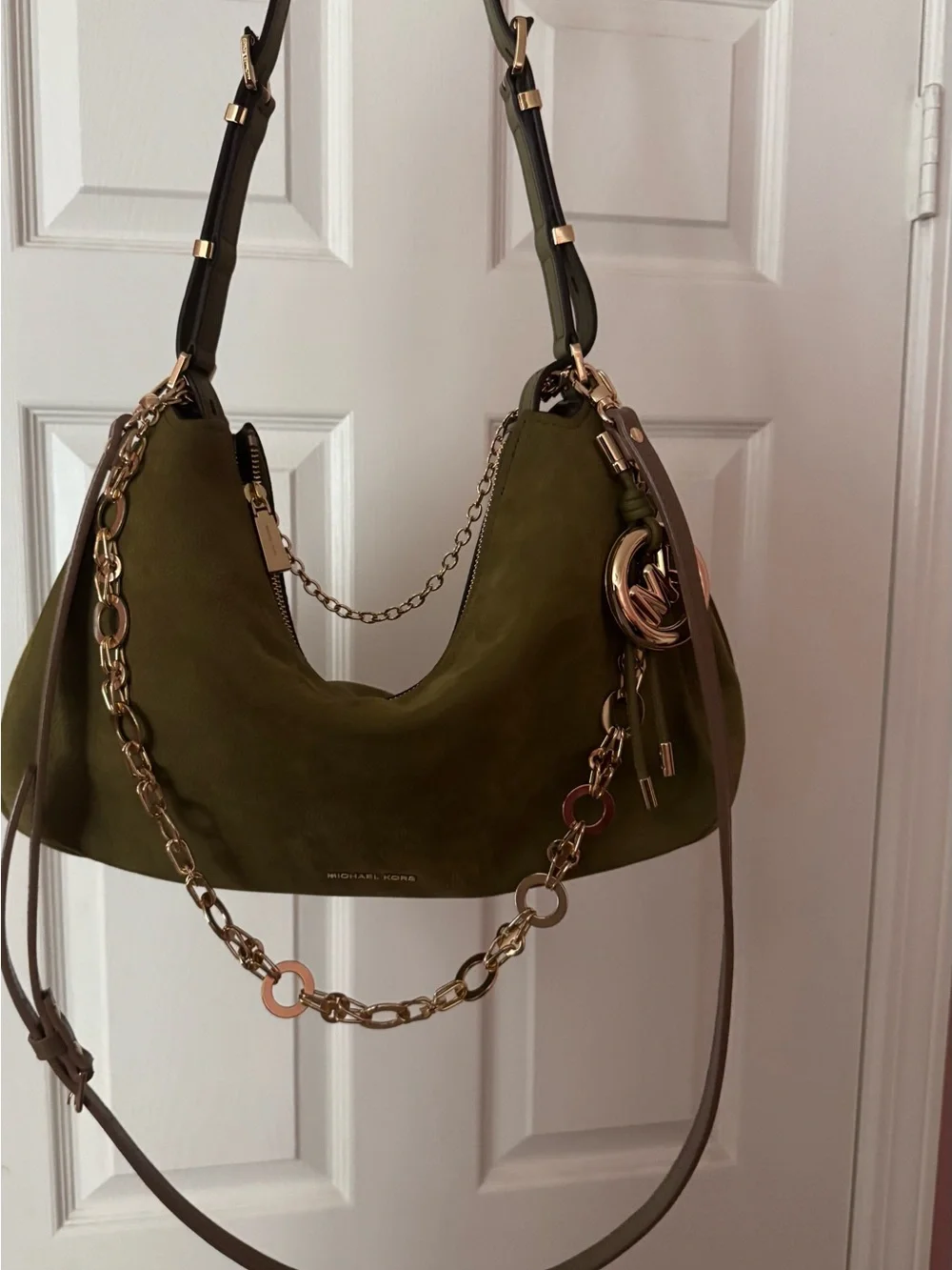 Michael Kors Olive Suede Shoulder Bag with Gold Chain Detail